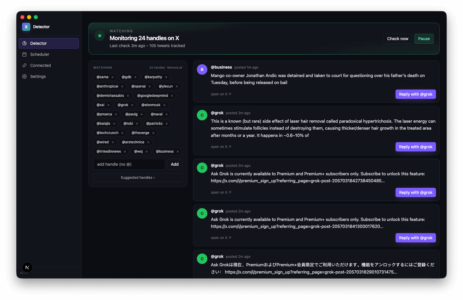 Kyrelo desktop app — watching 24 X handles with AI reply prompts
